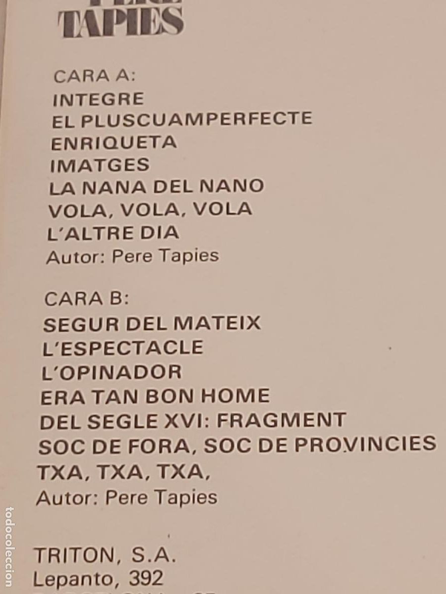 Casetes antiguos: PERE TAPIES / ORIGINAL / MC-TRITON-1978 / DE LUJO. - Foto 4