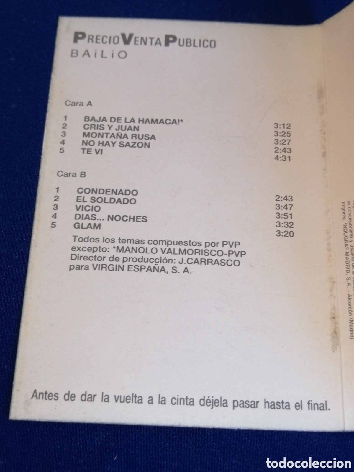 Casetes antiguos: PRECIO VENTA AL P&Uacute;BLICO - BAILIO - VIRGIN ESPA&Ntilde;A 1987 - Foto 4