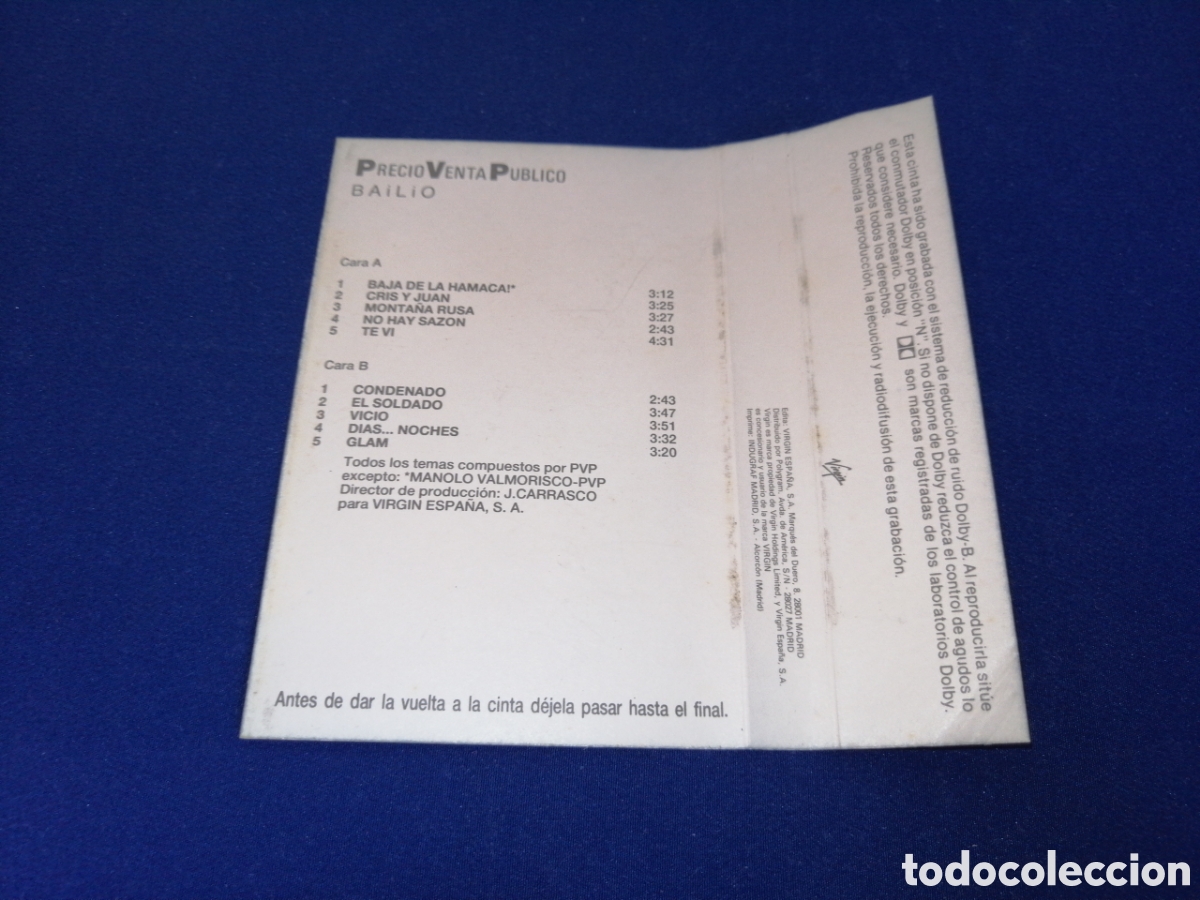 Casetes antiguos: PRECIO VENTA AL P&Uacute;BLICO - BAILIO - VIRGIN ESPA&Ntilde;A 1987 - Foto 5