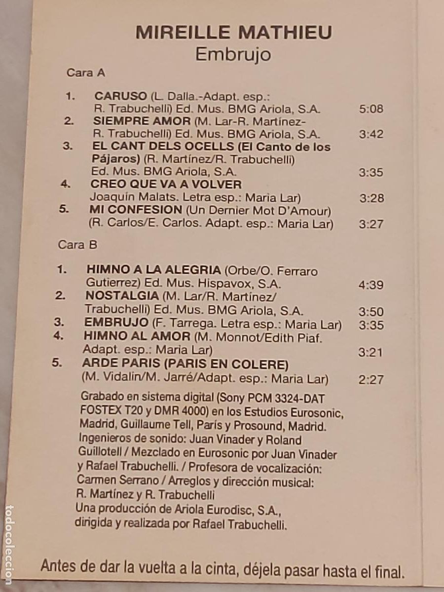 Casetes antiguos: MIREILLE MATHIEU / EMBRUJO / MC-ARIOLA-1989 / DE LUJO - Foto 4