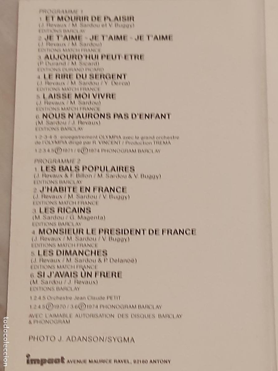 Casetes antiguos: MICHEL SARDOU / MISMO T&Iacute;TULO / PROGRAMME PLUS / MC-IMPACT-1974 / DE LUJO - Foto 4