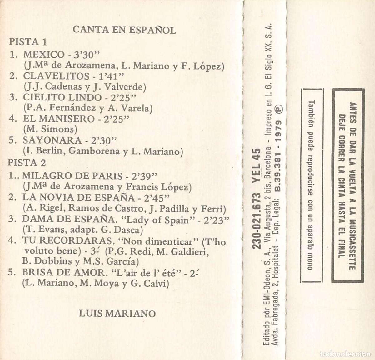 Casetes antiguos: Luis Mariano - Canta en Espa&ntilde;ol (Cassette) - Foto 3