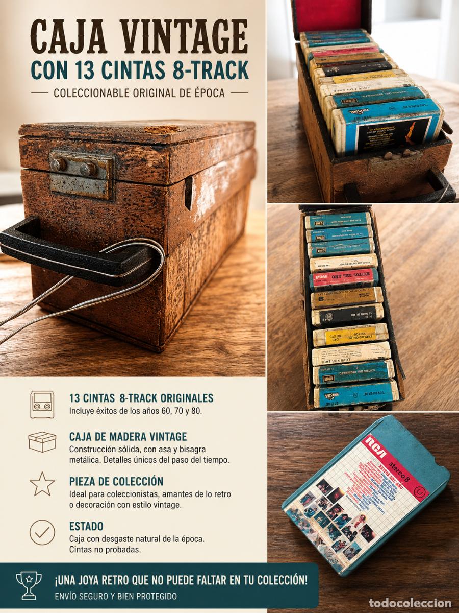 Casetes antiguos: Caja Vintage de Madera + 13 Cartuchos 8-Track Originales (EMI, RCA y otros)
