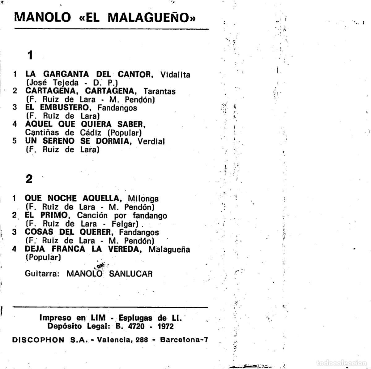Casetes antiguos: Manolo &rdquo;El Malague&ntilde;o&rdquo; (Cassette) - Foto 2