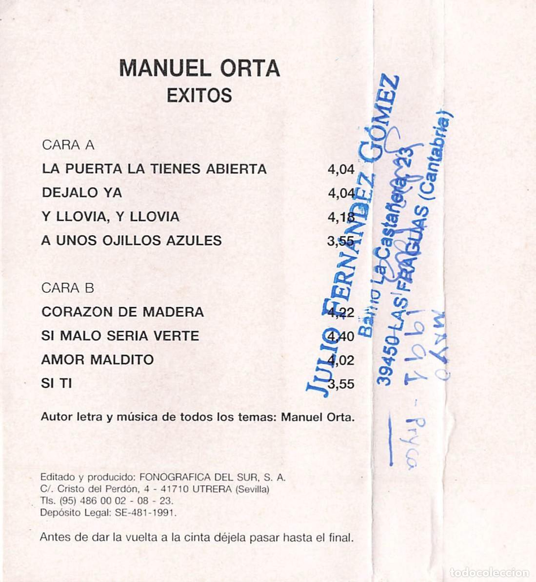 Casetes antiguos: Manuel Orta - &Eacute;xitos (Cassette) - Foto 2
