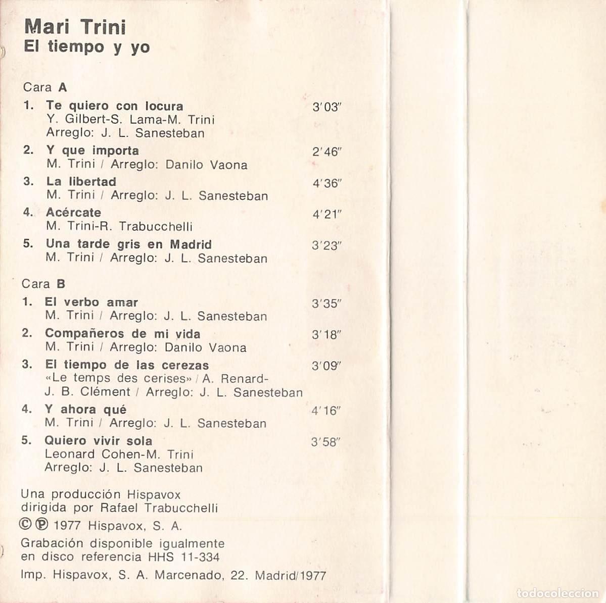 Casetes antiguos: Mari Trini - El Tiempo y Yo (Cassette) - Foto 2