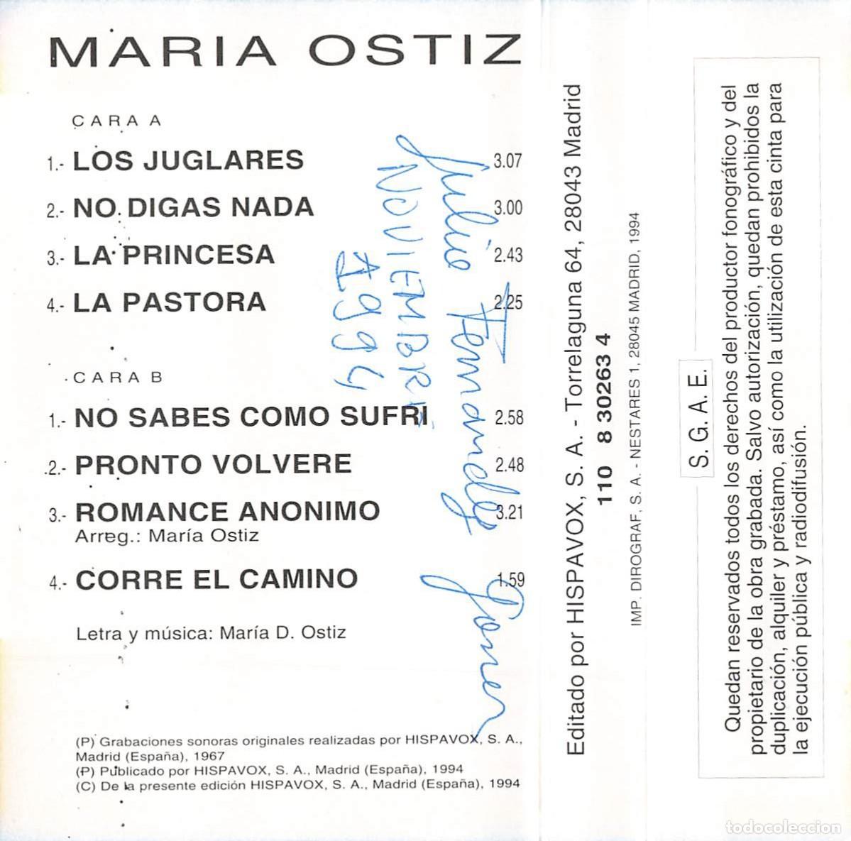 Casetes antiguos: Mar&iacute;a Ostiz (Cassette) - Foto 2