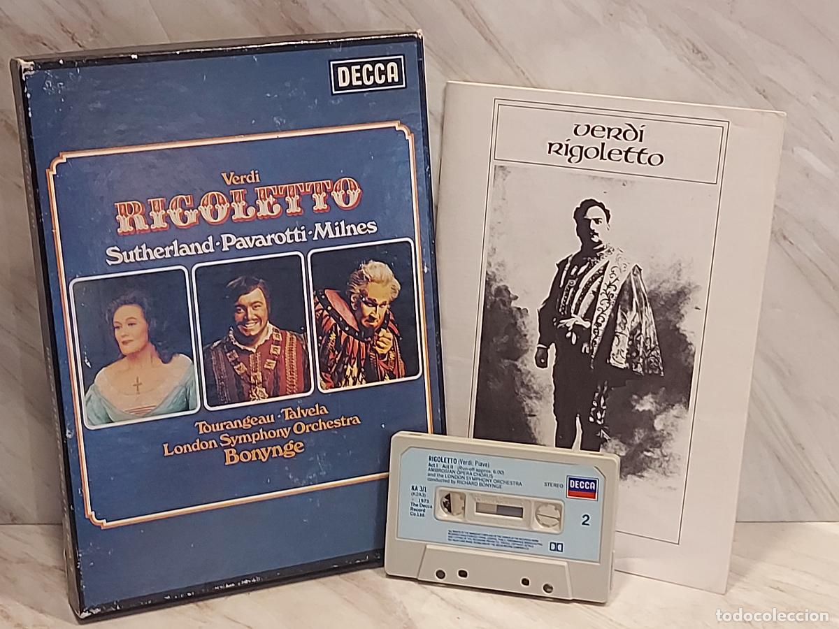 Casetes antiguos: VERDI RIGOLETTO / DOBLE CASETE DECCA K2A 3 / PAVAROTTI &middot; SUTHERLAND &middot; MILNES / ESTUCHE + LIBRETO