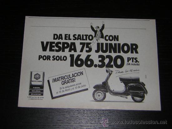 Coches y Motocicletas: MOTO VESPA 75 JUNIOR - ANUNCIO PUBLICIDAD ORIGINAL - HOJA EN ESPA&Ntilde;OL