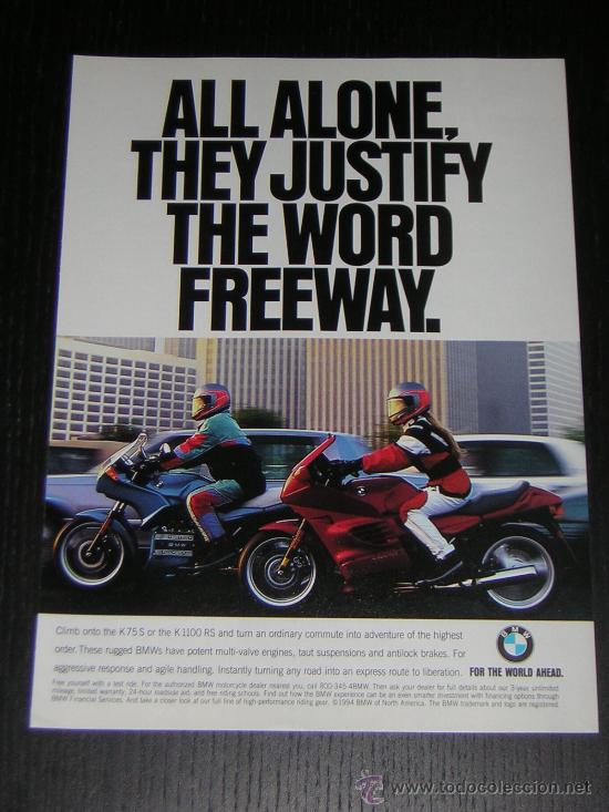 Automobili e Motociclette: BMW K - ANUNCIO PUBLICIDAD ORIGINAL DE REVISTA - HOJA EN INGLES (USA)