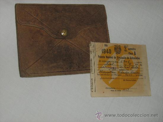 Coches y motocicletas: PATENTE CIRCULACION AUTOMOVILES-ANTIGUO coche fiat 9HP 1940.Zaragoza...CARTERITA CUERO.