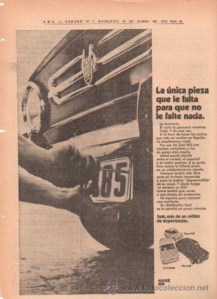Coches y motocicletas: PUBLICIDAD ANTIGUA. COCHES. SEAT 850. 1970.