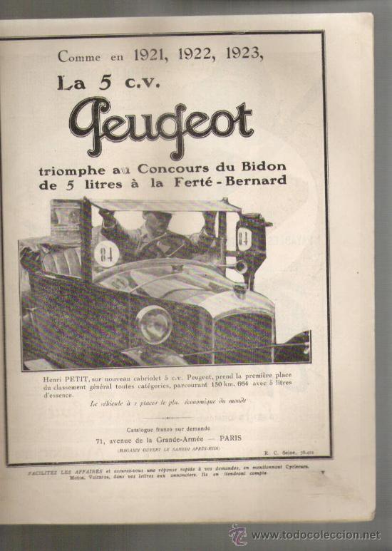 Coches y Motocicletas: PEUGEOT 5 CV: anuncio publicitario de 1924
