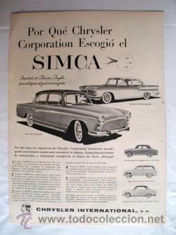 Coches y Motocicletas: Antigua Hoja Publicidad Revista : SIMCA, CHRYSLER.  A&ntilde;o 1959