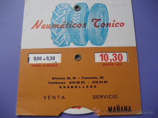 Coches y Motocicletas: Disco de aparcamiento publicitario. Neumaricos Tonico. Granollers. Barcelona. 1979