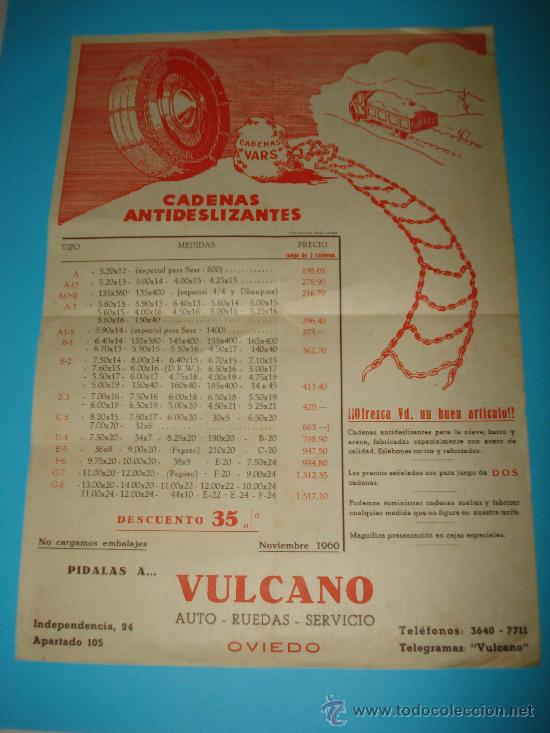 Coches y Motocicletas: Antiguo Folleto Publicitario de Cadenas Antideslizantes V.A.R.S. de VULCANO Oviedo del a&ntilde;o 1960.