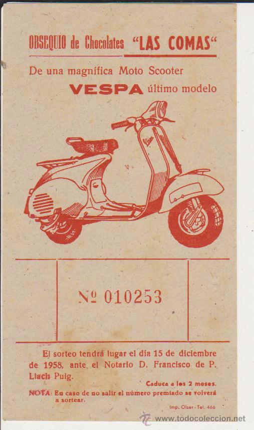 Coches y Motocicletas: Boleto sorteo de moto Scooter Vespa,obsequio chocolates las Comas 15 diciembre 1958