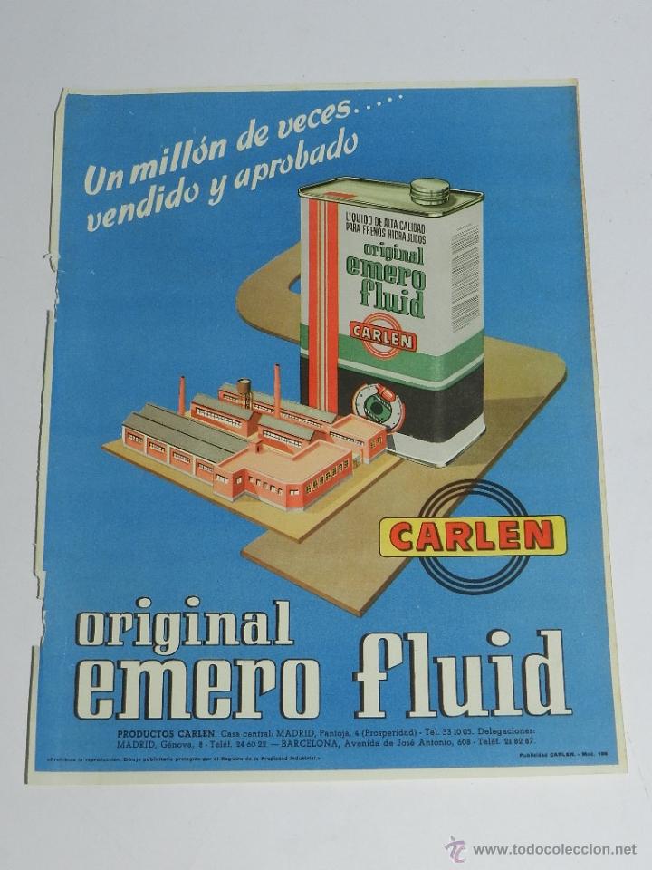 Carros e motociclos: ANTIGUO CARTELITO CON PUBLICIDAD DE ORIGINAL EMERO FLUID CARLEN, LIQUIDO DE ALTA CALIDAD PARA FRENOS