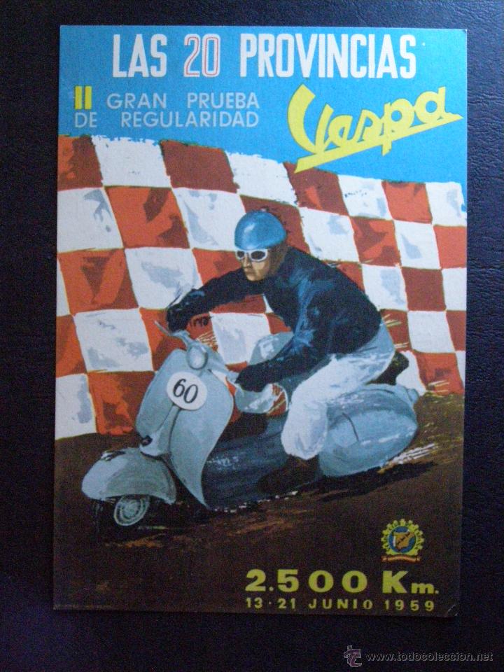 Coches y motocicletas: Preciosa y escasa postal - Las 20 Provincias - II Gran prueba de regularidad Vespa -1959 -Impecable