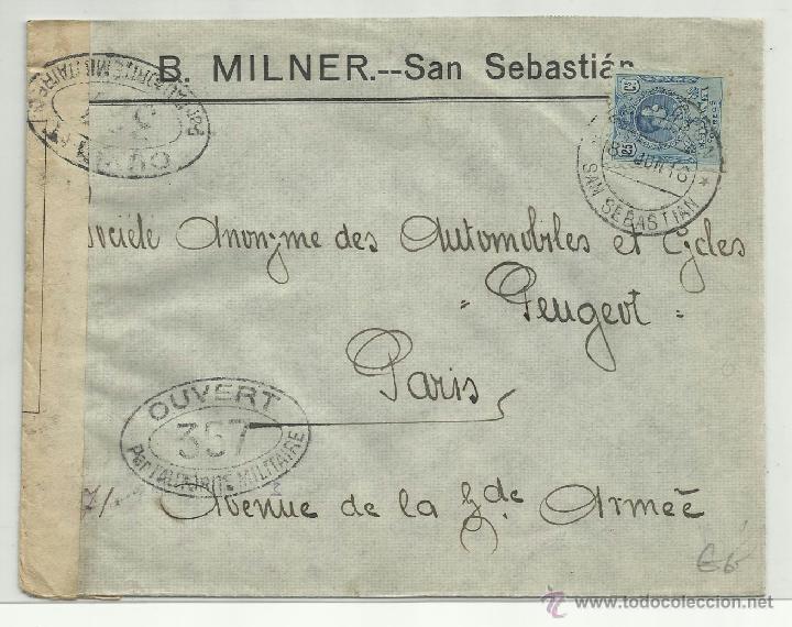 Coches y Motocicletas: CIRCULADO 1916 de SANSEBASTIAN  A  PEUGEOT PARIS CON CENSURA MILITAR I GUERRA MUNDIAL VER FOTO