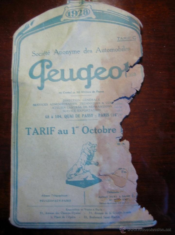 Coches y Motocicletas: CATALOGO TARIFAS AUTOMOVILES PEUGEOT 1928 - DETERIORADO