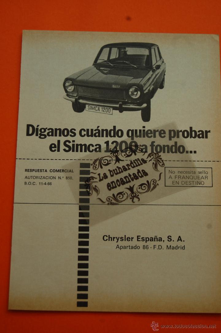 Coches y Motocicletas: PUBLICIDAD 1972 - COLECCION COCHES - CHRYSLER ESPA&Ntilde;A - simca 1200 TARJETA SOLICITUD PRUEBA COCHE