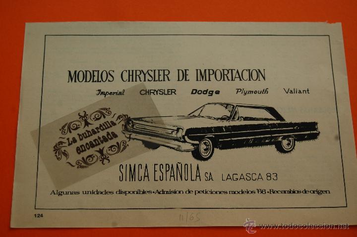 Coches y Motocicletas: PUBLICIDAD 1965 - COLECCION COCHES - SIMCA ESPA&Ntilde;OLA - MODELOS CHRYSLER IMPORTACION DODGE