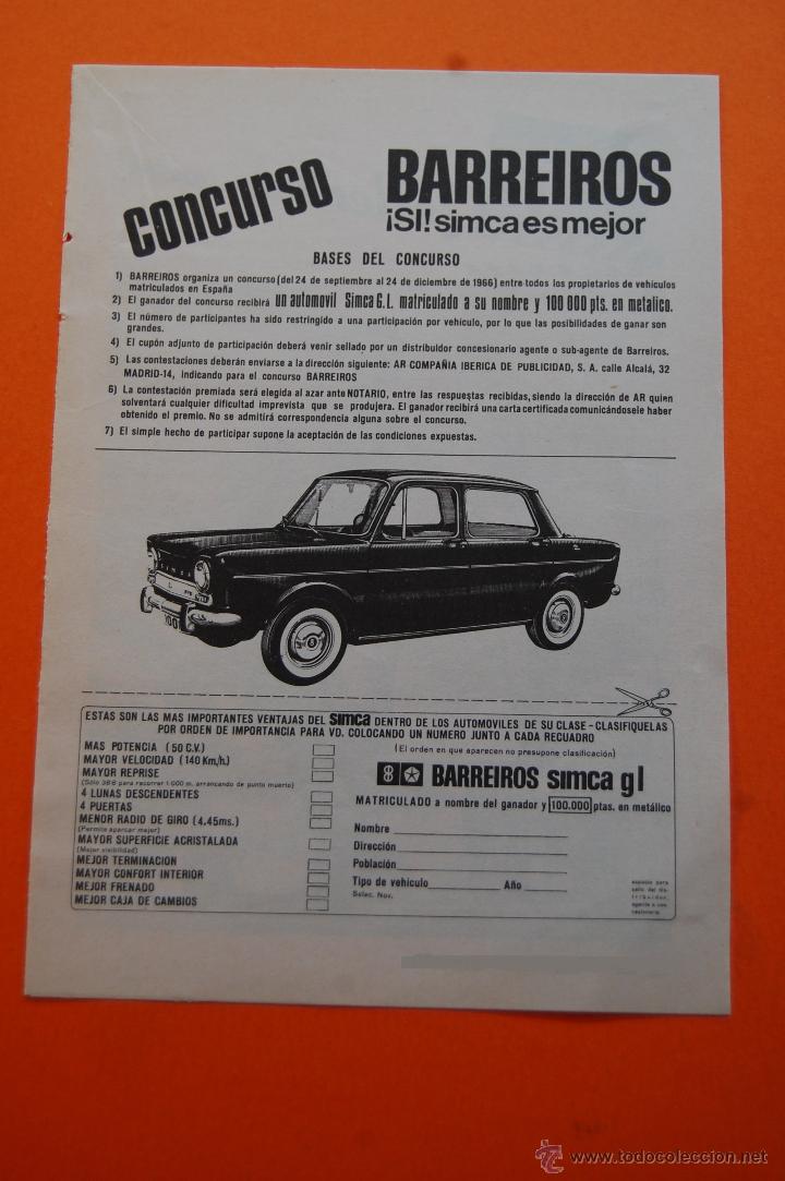 Carros e motociclos: PUBLICIDAD 1966 - COLECCION COCHES - BARREIROS SIMCA GL CONCURSO