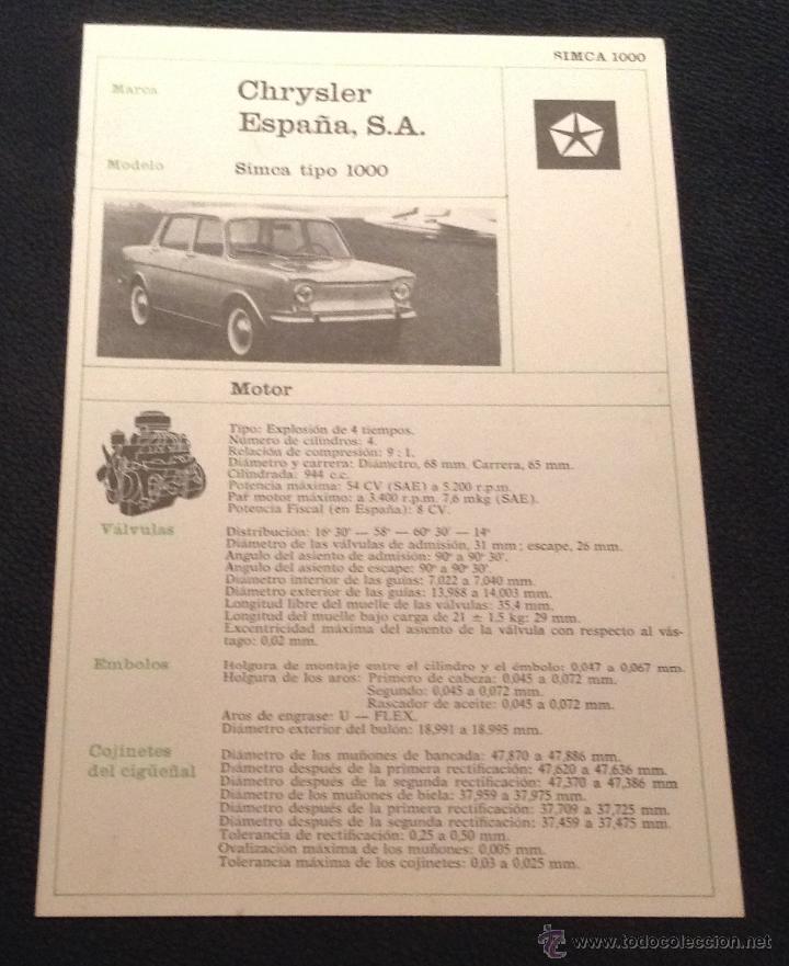 Coches y Motocicletas: ficha tecnica chrysler espa&ntilde;a s.a. simca tipo 1000 cambio-direccion-carburacion-direcciones-frenos