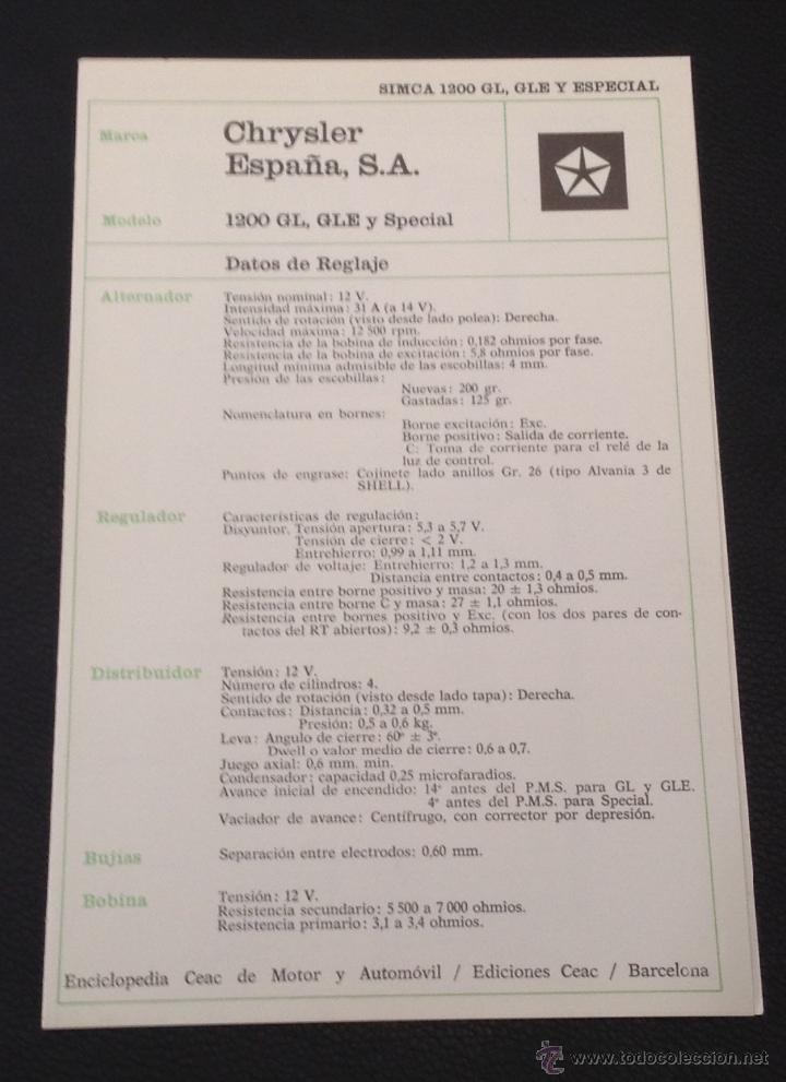 Coches y Motocicletas: ficha tecnica chrysler espa&ntilde;a S.A. 1200 Gl gle y special datos de reglaje