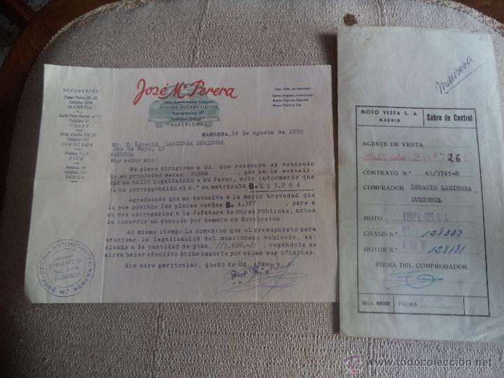 Coches y Motocicletas: Carta y sobre de adjucicacion de matricula Vespa a&ntilde;o 1959 Moto vespa S.a. Madrid sobre de control