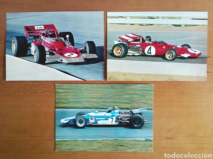 Coches y motocicletas: Lote 3 postales F1 a&ntilde;os 70 Lotus 72 Emerson Fittipaldi Ferrari 312 B-1 Jackie Ickx Matra MS 120