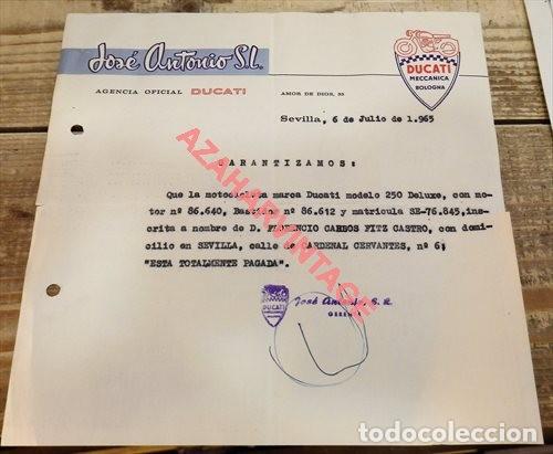 Coches y motocicletas: SEVILLA, 1965, CARTA DE PAGO DE UNA DUCATI 250 DELUXE
