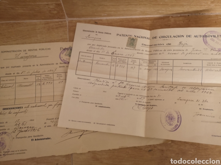 Autos und Motorr&auml;der: 1927. ZARAGOZA, PATENTE NACIONAL DE CIRCULACION DE AUTOMOVILES, LOTE ALTA-BAJA RENAULT 12CV