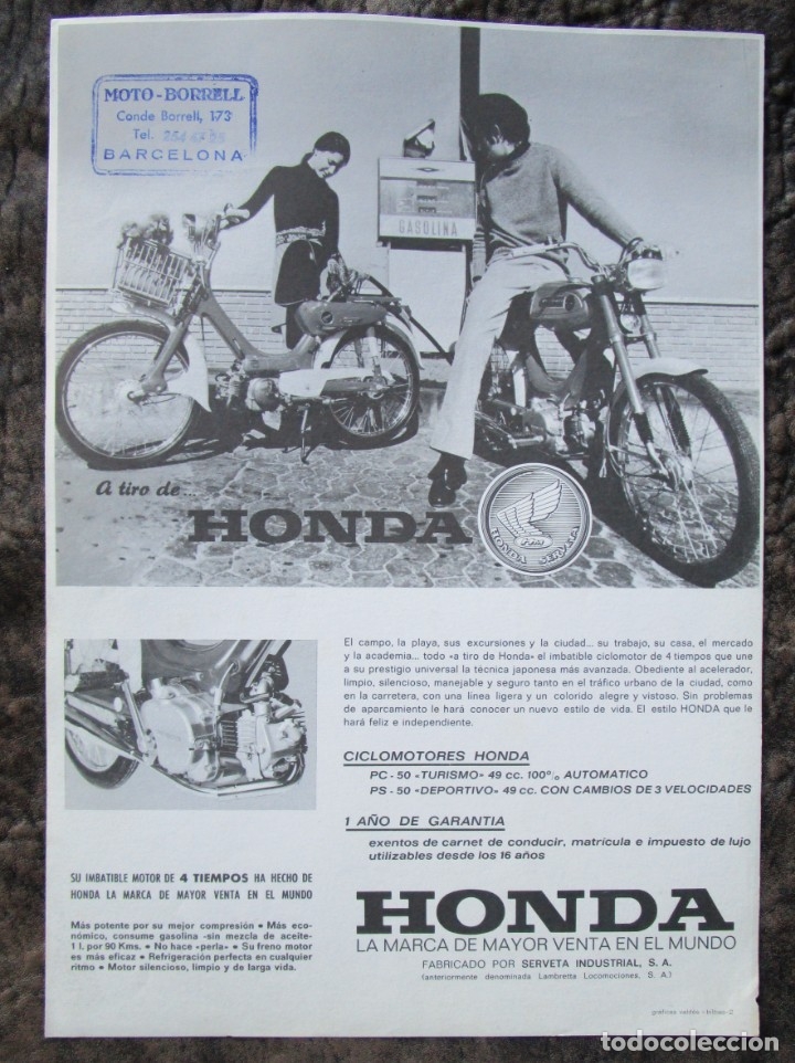 Coches y Motocicletas: hoja publicidad original de ciclomotores honda pc 50 ps 50 serveta industrial s.a.