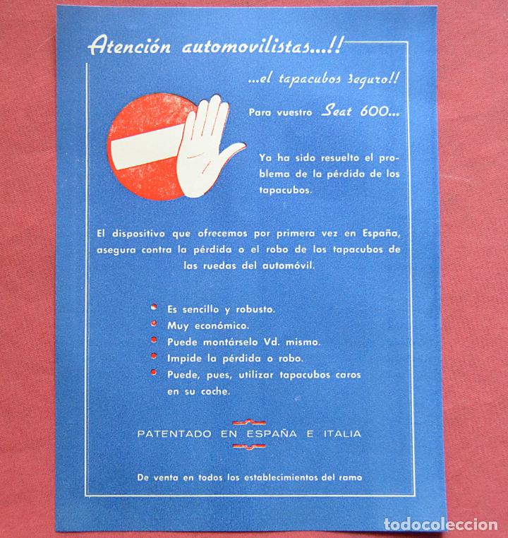 Coches y motocicletas: HOJITA DEPUBLICIDAD DE ACCESORIO COCHE - ORIGINAL DE EPOCA -TAPACUBOS SEGURO PARA SEAT 600