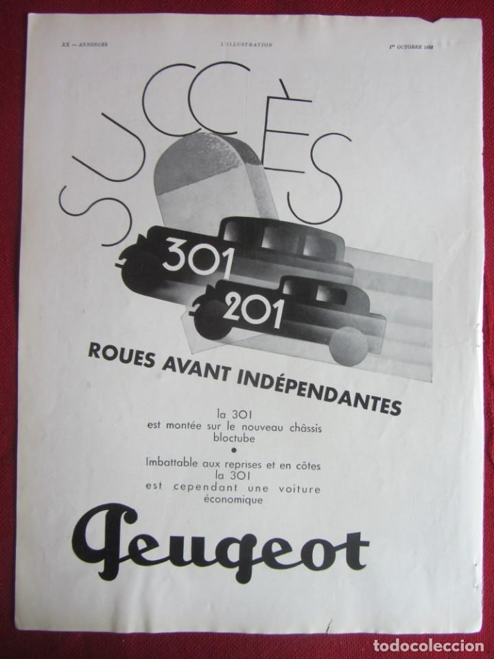 Coches y Motocicletas: PEUGEOT 301-201. HOJA PUBLICIDAD REVISTA L'ILUSTRATION 1932.