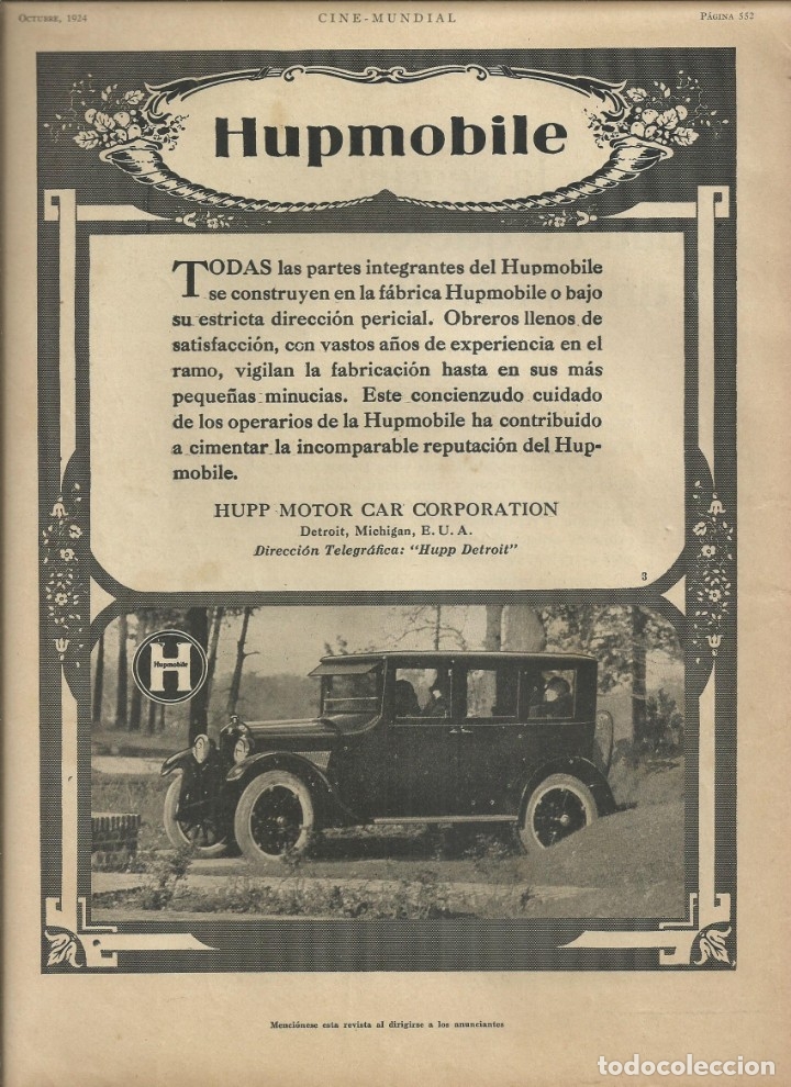 Coches y Motocicletas: ANTIGUA P&Aacute;GINA PUBLICITARIA DE AUTOMOVILES HUPMOBILE. HUPP MOTOR CAR CORPORATION. OCTUBRE 1924