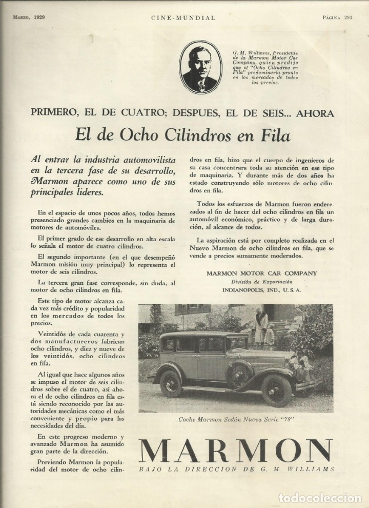 Coches y Motocicletas: ANTIGUA P&Aacute;GINA PUBLICITARIA DE MARMON SEDAN SERIE 78. MARMON MOTOR CAR COMPANY. 1929