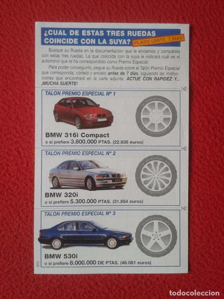 Coches y Motocicletas: FOLLETO HOJA FLYER CON CUPONES O SIMIL A IDENTIFICAR BMW 316i 320i 530i CARS AUTOS A&Ntilde;OS 90 2000 APR.