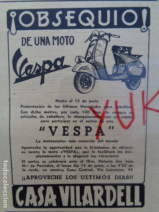 Coches y Motocicletas: BONITA PUBLICIDAD ORIGINAL - OBSEQUIO DE VESPA DE 1953 DE LA CASA VILLARDELL (BARCELONA)