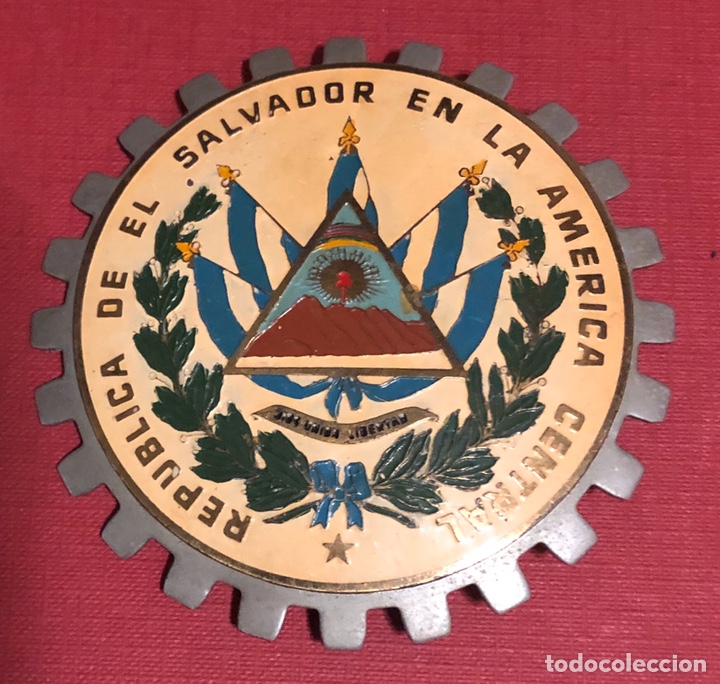 Autos und Motorr&auml;der: Publicidad; placa esmaltada para coche o moto, de la Rep&uacute;blica de El Salvador.