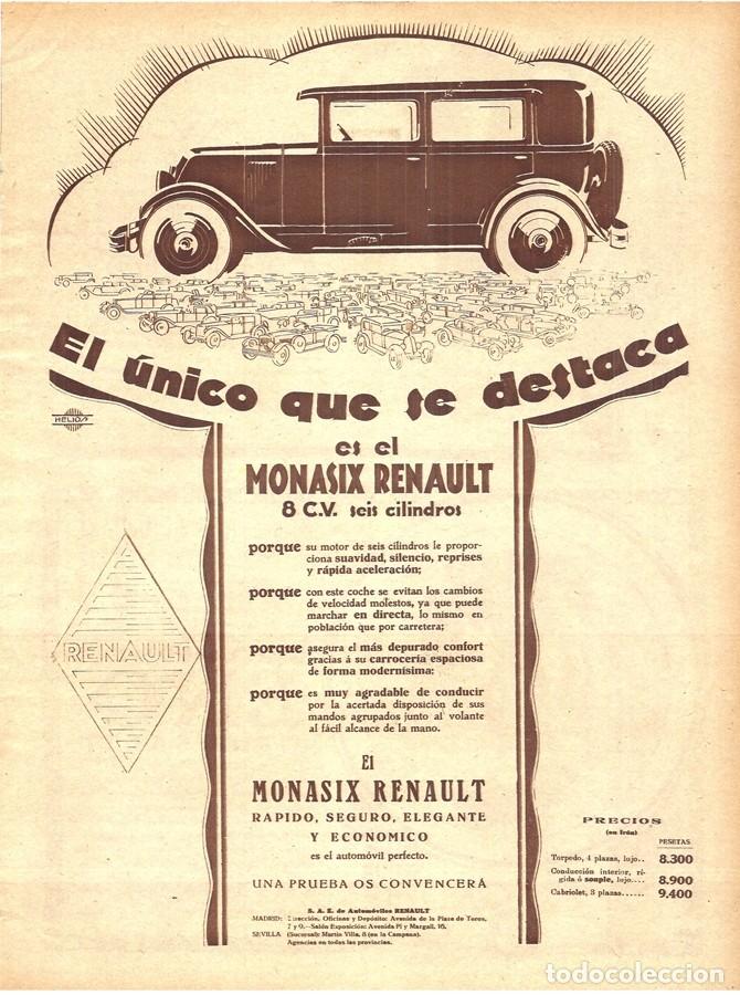 Carros e motociclos: 1928 HOJA REVISTA PUBLICIDAD ANUNCIO DE PRENSA AUTOMOCI&Oacute;N AUTOM&Oacute;VIL MONASIX RENAULT 8 CV 6 CILINDROS