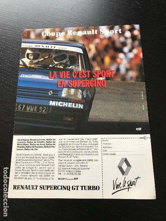 Autos und Motorr&auml;der: RENAULT 5 SUPERCINCO GT TURBO - ANUNCIO PUBLICIDAD RECORTE REVISTA ORIGINAL - A&Ntilde;OS 80 - FRANCES