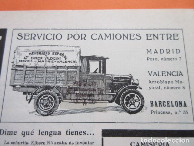 Coches y Motocicletas: RECORTE PUBLICIDAD 1929 - CAMIONES ENTRE MADRID VALENCIA BARCELONA EL MENSAJERO ESPA&Ntilde;OL - 12 X 7 CM