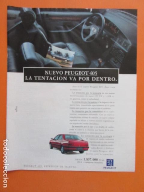 Coches y Motocicletas: PUBLICIDAD 1992 - PEUGEOT 405 - TAMA&Ntilde;O 22,5 x 30 CM