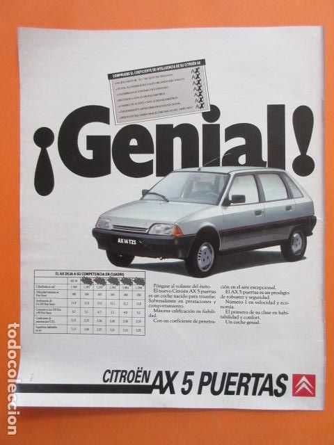 Coches y Motocicletas: PUBLICIDAD 1987 - CITROEN AX 5 PUERTAS - TAMA&Ntilde;O 22,5 x 30 CM