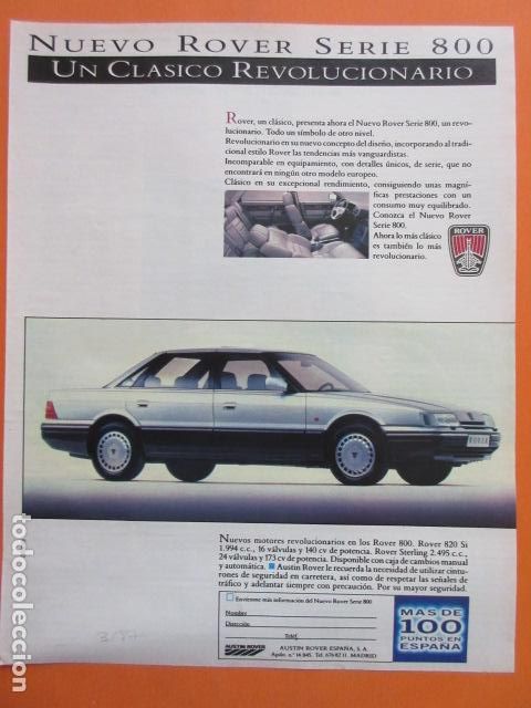 Coches y motocicletas: PUBLICIDAD 1987 - ROVER SERIE 800 - TAMA&Ntilde;O 22,5 x 30 CM