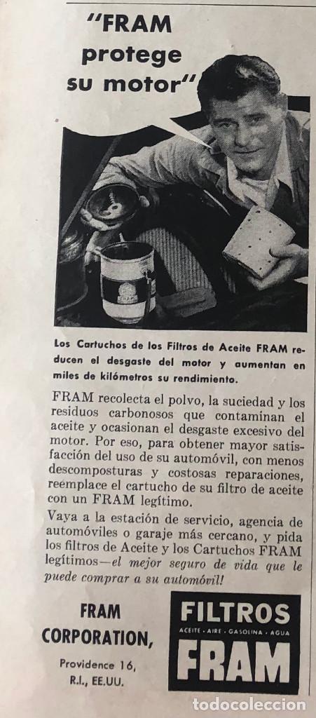 Coches y Motocicletas: Publicidad de prensa de filtros de aceite Fram, USA. Original a&ntilde;o 1954. 8 x 18 cm. Buen estado.