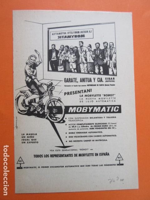 Automobili e Motociclette: PUBLICIDAD 1960 - MOTO MOBYLETTE MOBUMATIC GARATE ANITUA EIBAR - TAMA&Ntilde;O 13 X 18.5 CM
